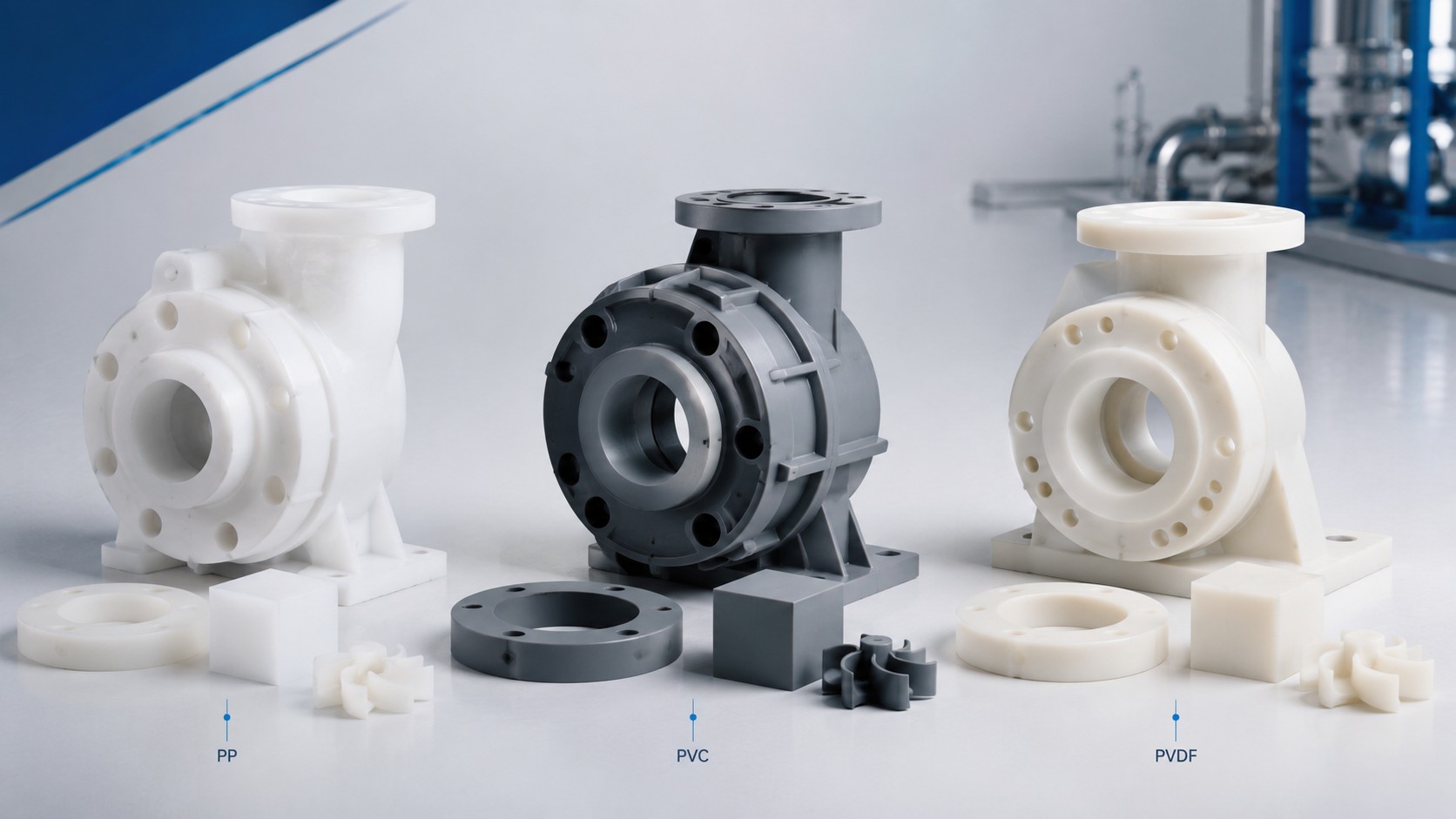 componenti in PP PVC e PVDF PP vs PVC vs PVDF material comparison for chemical pumps and agitators - Nuova Darimpianti