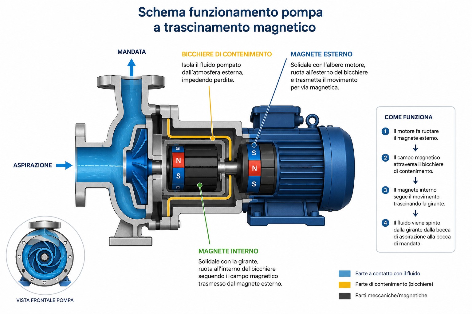 schema funzionamento pompa a trascinamento magnetico Schema funzionamento pompa a trascinamento magnetico con magnete esterno, bicchiere di contenimento e magnete interno